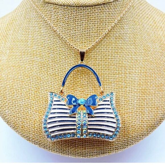 Blue Enamel Crystal Bowknot Handbag Pendant Necklace Chain NWOT - Picture 1 of 2